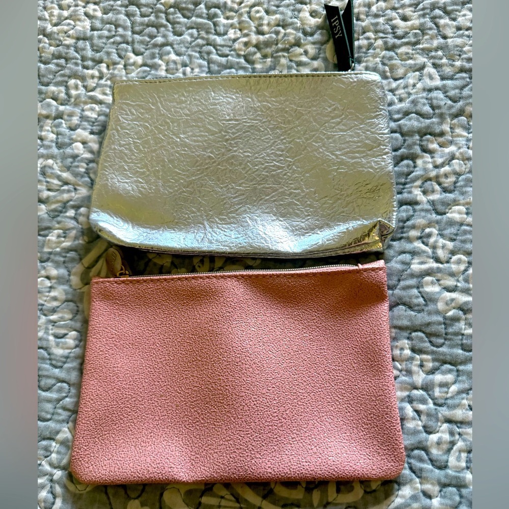 2 ipsy silver & pink makeup bag wallet